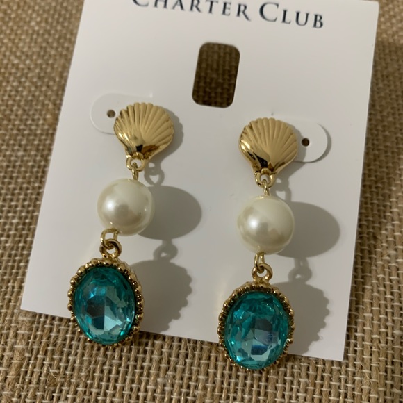 Charter Club Goldtone /Pearl/Aqua Earrings - Picture 7 of 9